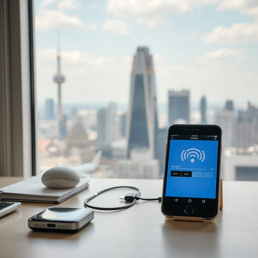 Smartphone connected to a portable hotspot, suggesting mobile data without roaming while traveling