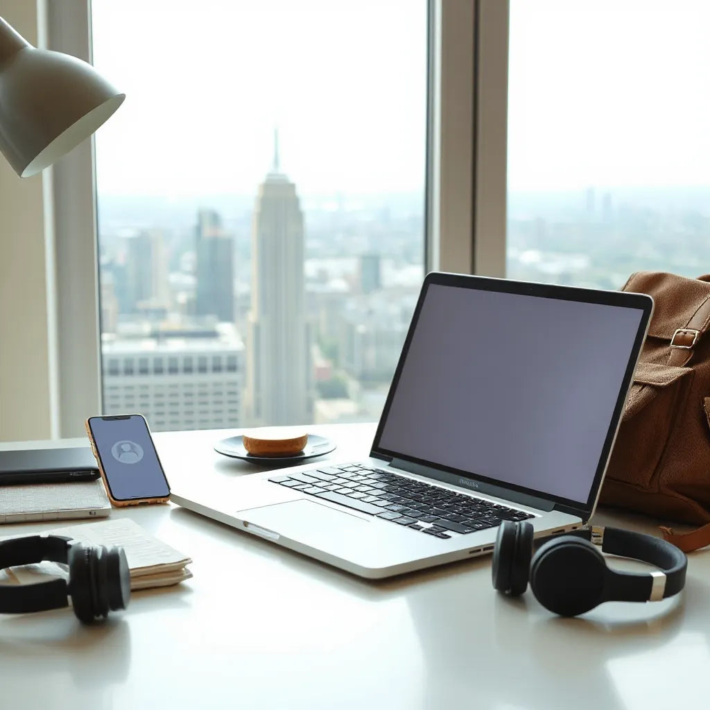 Laptop and smartphone setup for reliable mobile connectivity while working remotely from a city view