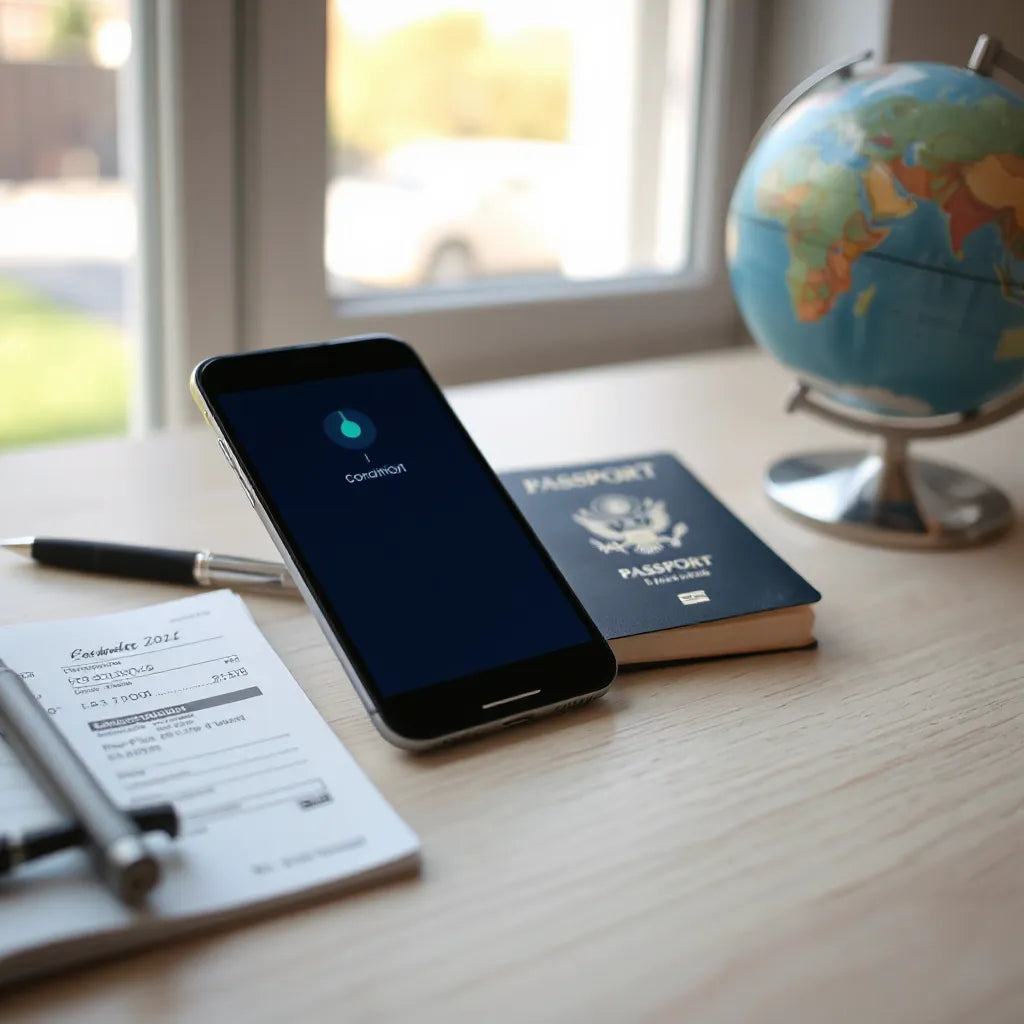 Smartphone beside passport on a desk with a blurred globe in the background for reliable travel connectivity