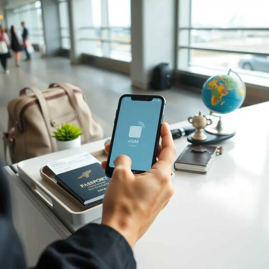 Traveler’s smartphone displaying connectivity icons beside a passport and small globe in an airport setting