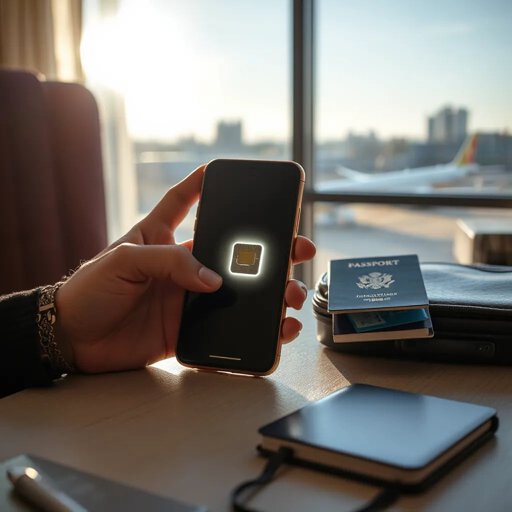 Smartphone on a travel desk beside a passport and suitcase, with a subtle chip icon indicating eSIM setup