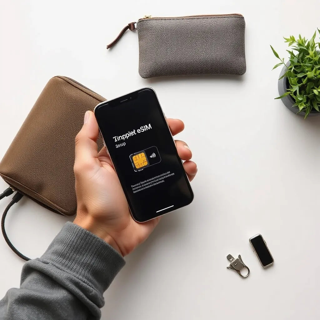 Person setting up an eSIM on a smartphone next to travel essentials in a clean, bright scene
