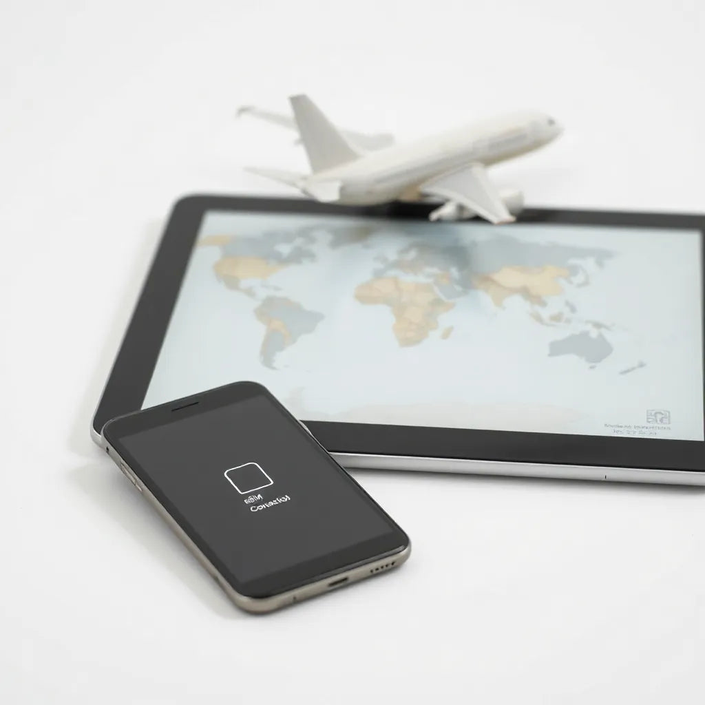 Smartphone showing a generic eSIM connection status with a subtle world map backdrop