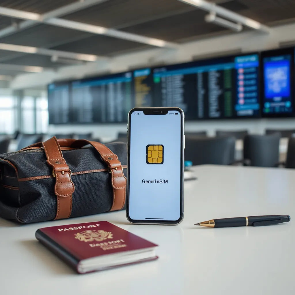 Smartphone showing eSIM connectivity on a clean desk with travel items nearby