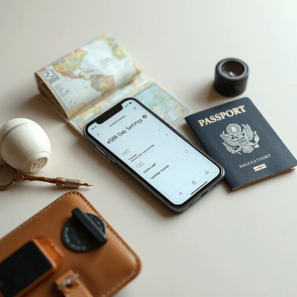 Smartphone ready for an eSIM connection beside a passport and travel documents on a clean desk