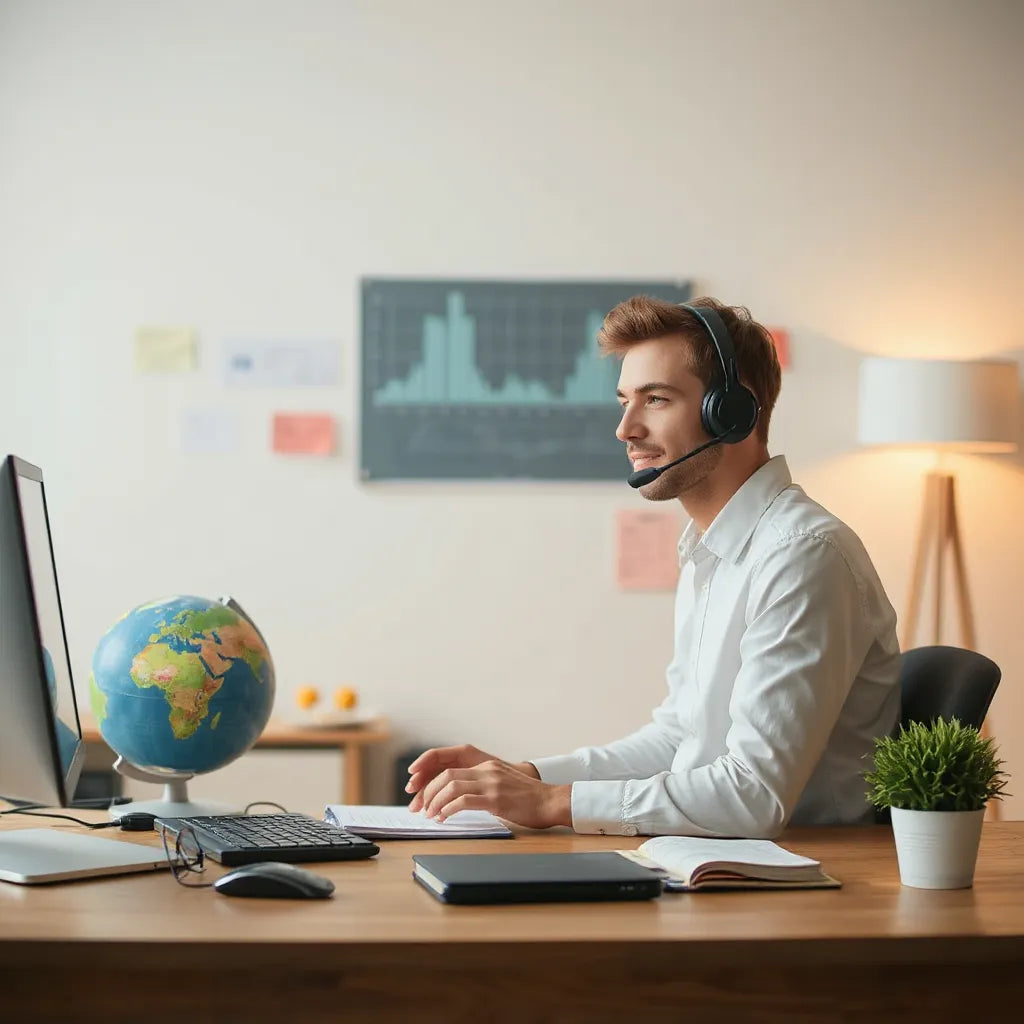 Support agent with a headset in a clean office, with subtle globe and multilingual chat cues in the background