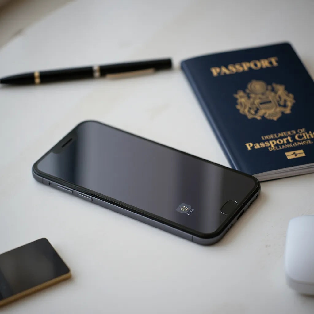 Smartphone and travel essentials on a desk, suggesting setup and use of a data-only eSIM connection