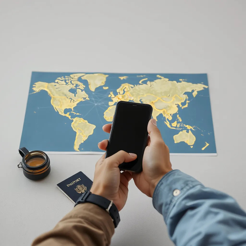 Traveler using a smartphone with a softly lit world map showing network coverage regions