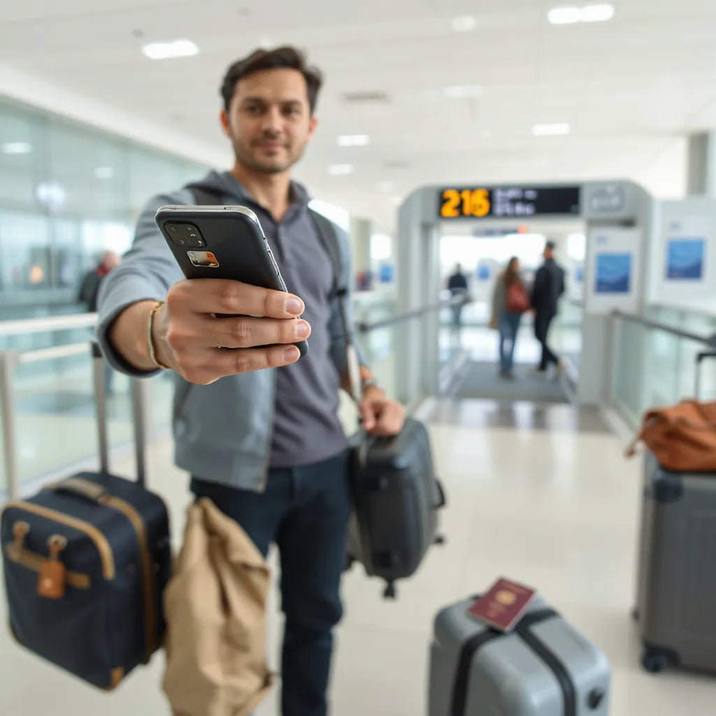 Traveler using a smartphone for international eSIM connectivity in an airport with passport and carry-on nearby