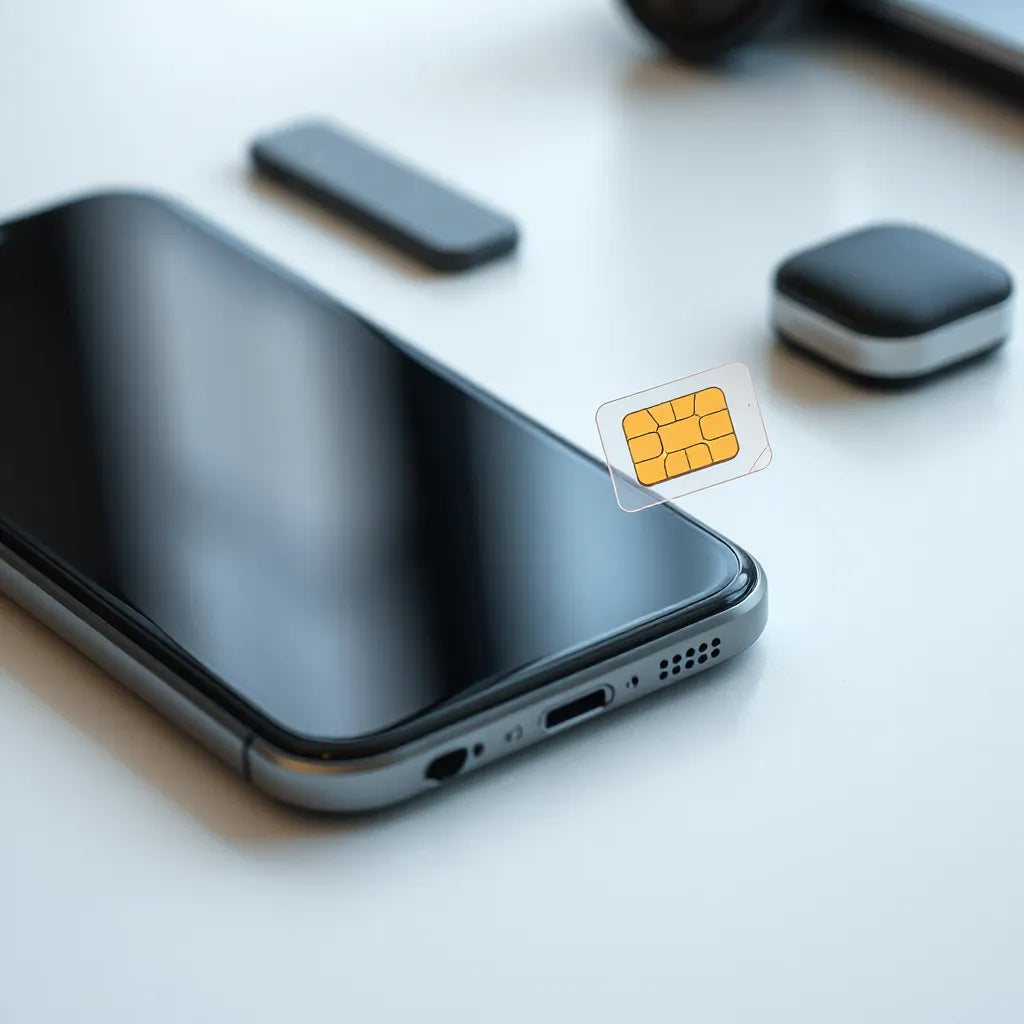 Modern smartphone with a subtle digital SIM connection overlay on a clean tech background