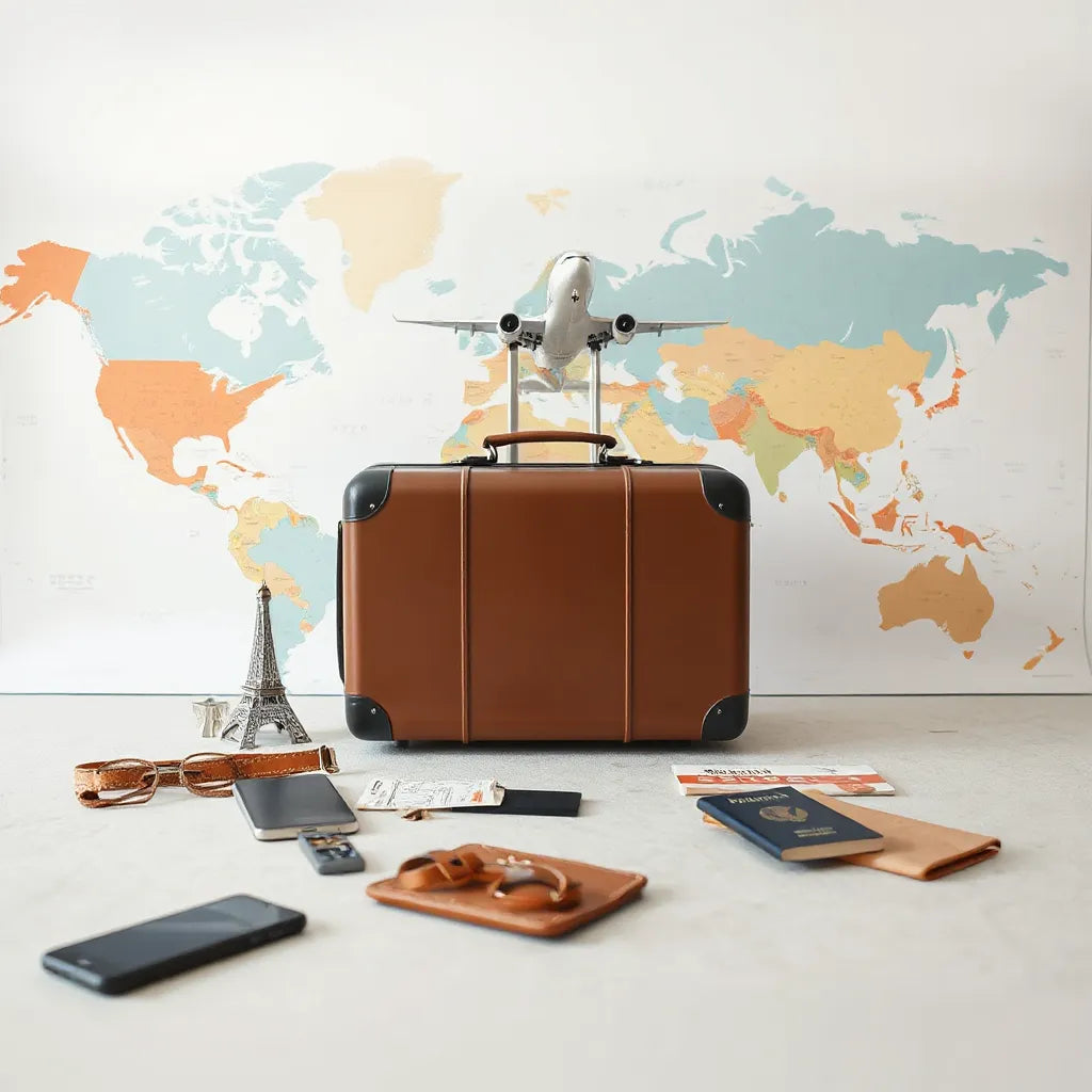Passport and phone beside a suitcase on a world map with an airport runway in the distance