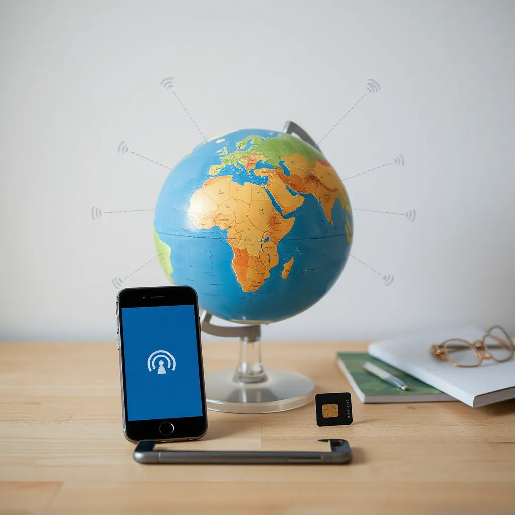 Smartphone and eSIM card beside a globe with wireless connection links for global coverage