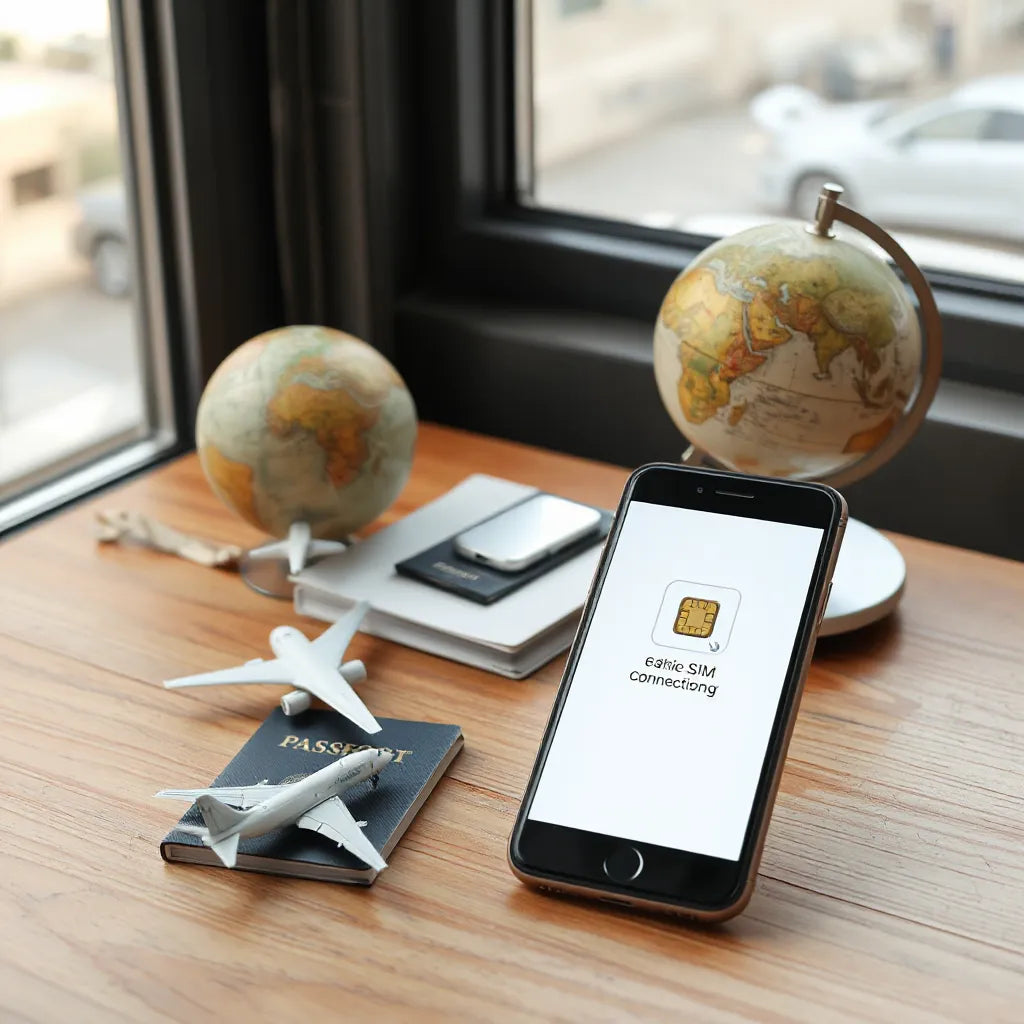 Smartphone with a generic eSIM connection indicator next to passport and a globe on a travel desk