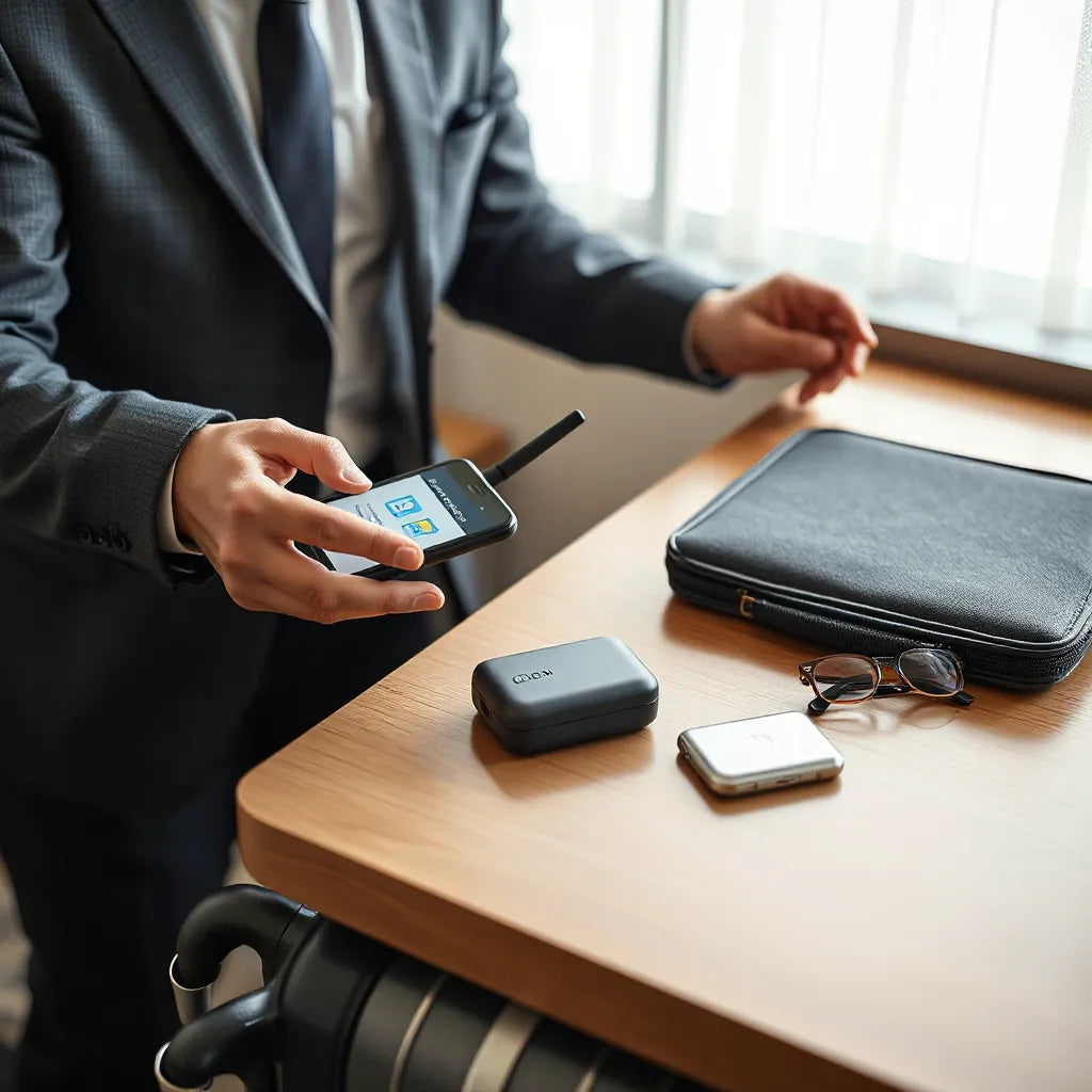 Traveler setting up a phone for reliable vacation data in a hotel or airport lounge