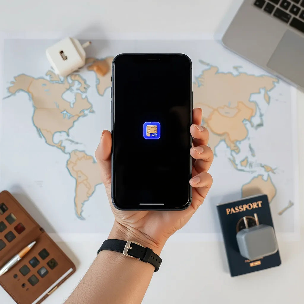 Smartphone on a desk with a subtle world map and connection lines for global eSIM coverage planning