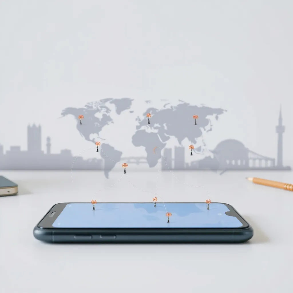 Smartphone showing a world map with routes and signal icons for multi-country eSIM coverage