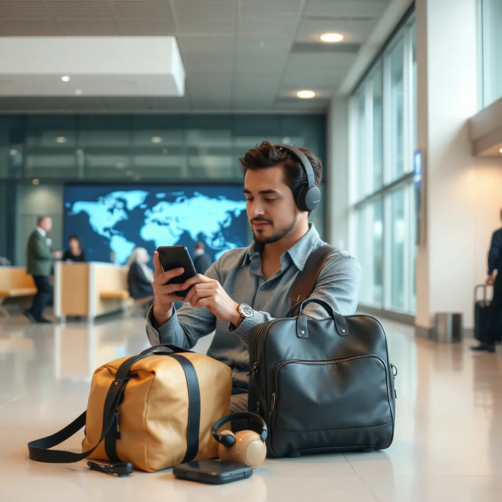 Traveler in an airport lounge using a smartphone with connection status while traveling internationally