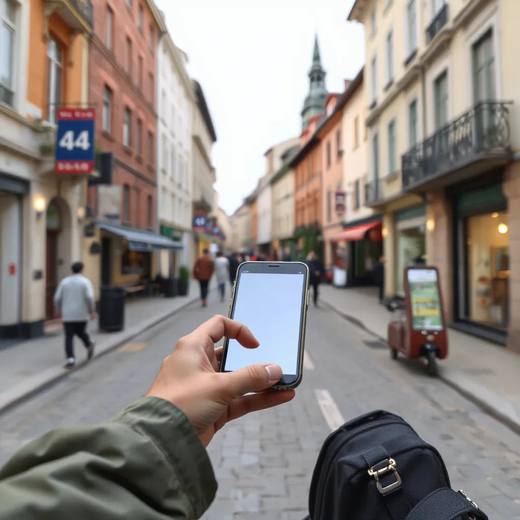 Traveler using a smartphone on an eSIM connection in a European city street