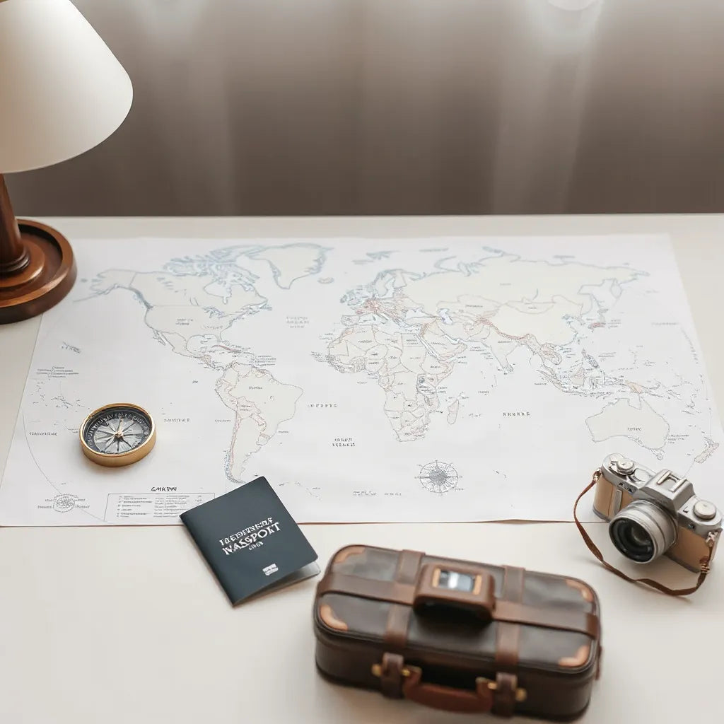 Passport, suitcase, and camera on a desk with a world map and compass for planning international trips