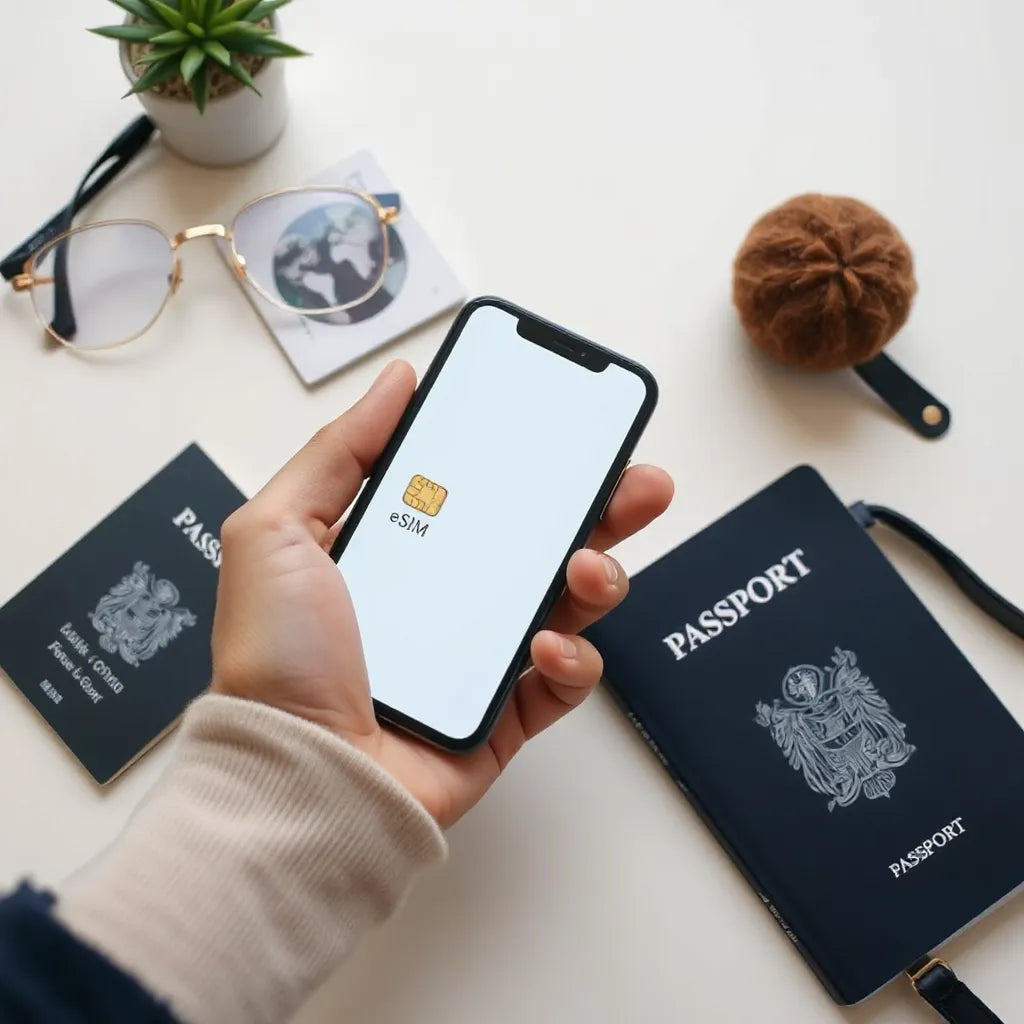 Smartphone and travel documents set up for fast eSIM activation with a QR code card nearby