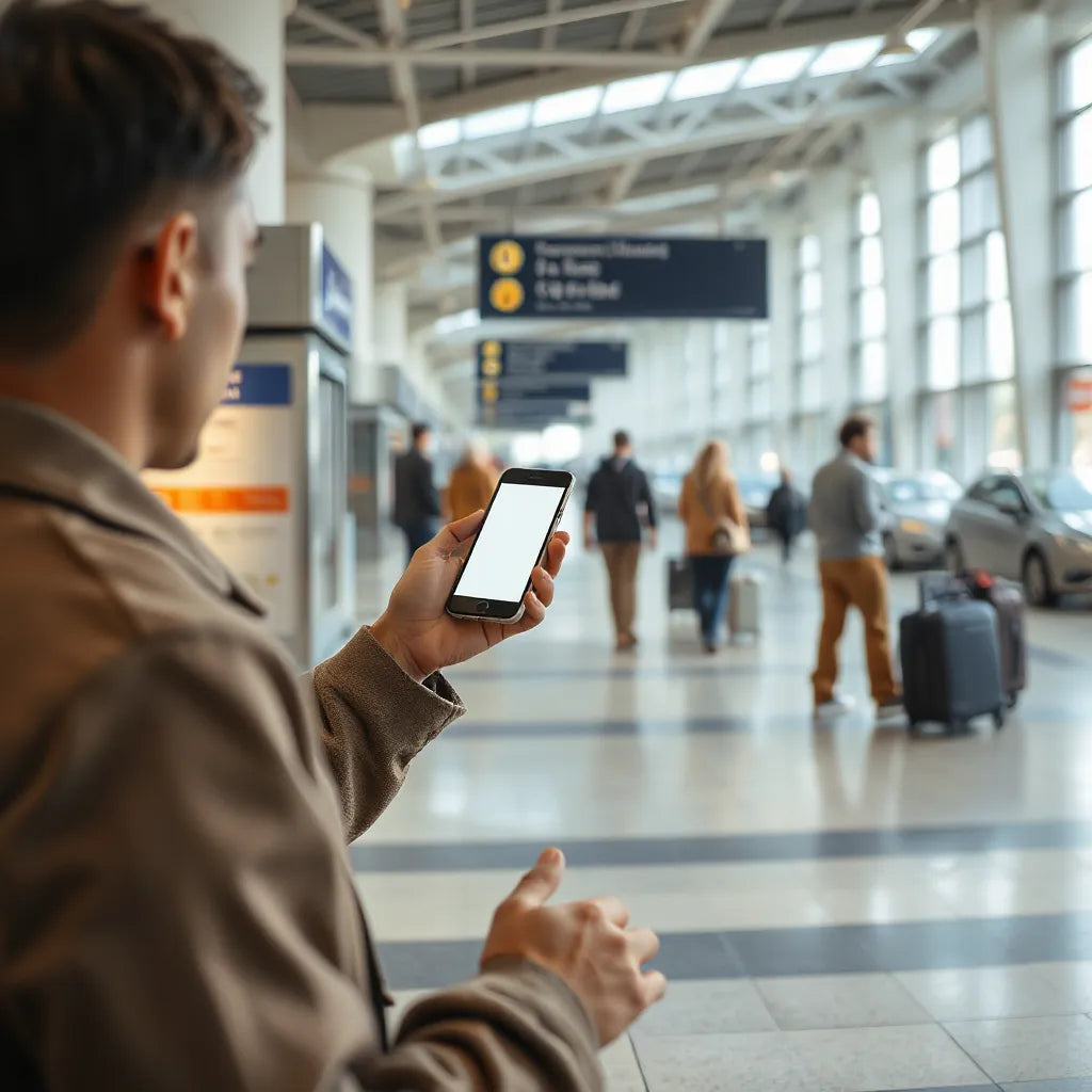 Traveler using a smartphone in an airport, ready for reliable mobile connectivity abroad