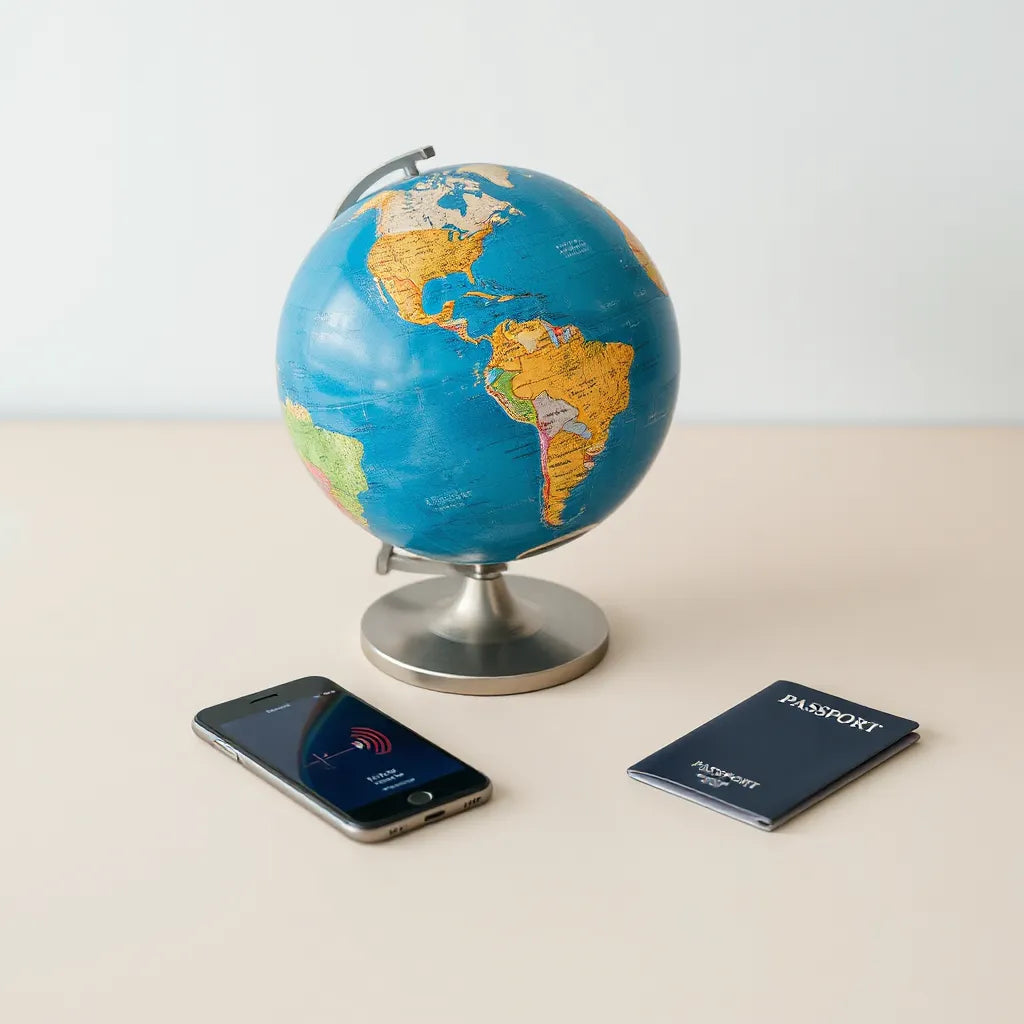 Globe with network connections and a smartphone showing a generic data link for global travel