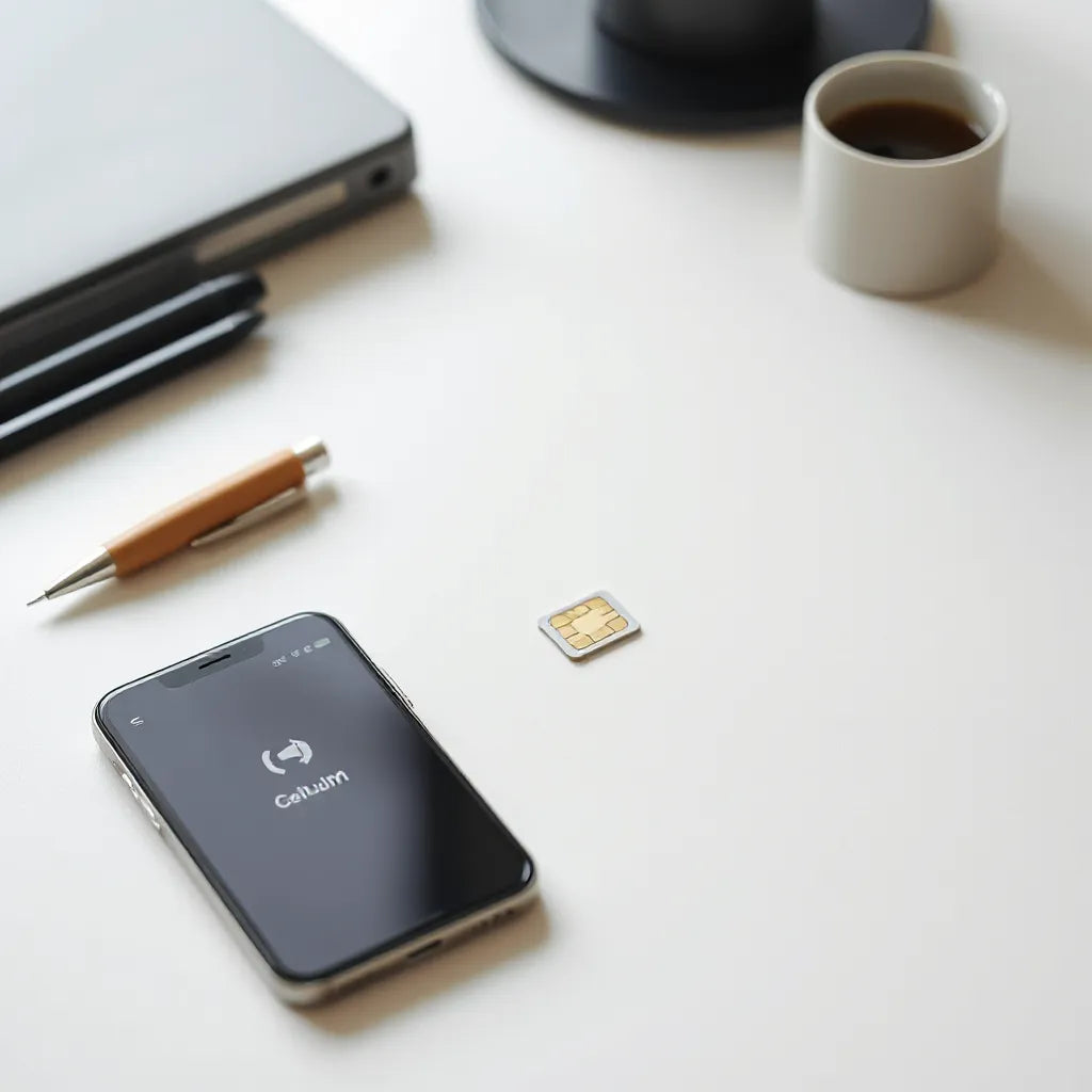 Smartphone showing cellular connectivity with an empty SIM tray nearby on a clean desk