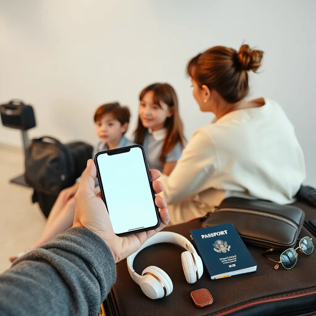Family at an airport with a smartphone for travel data connectivity and luggage ready for departure