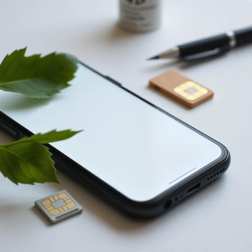 Smartphone with a small eSIM chip on a clean desk, suggesting connectivity and mobile plan setup