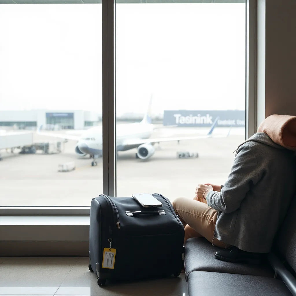 Traveler at an airport window with suitcase, passport, and smartphone for international trip planning