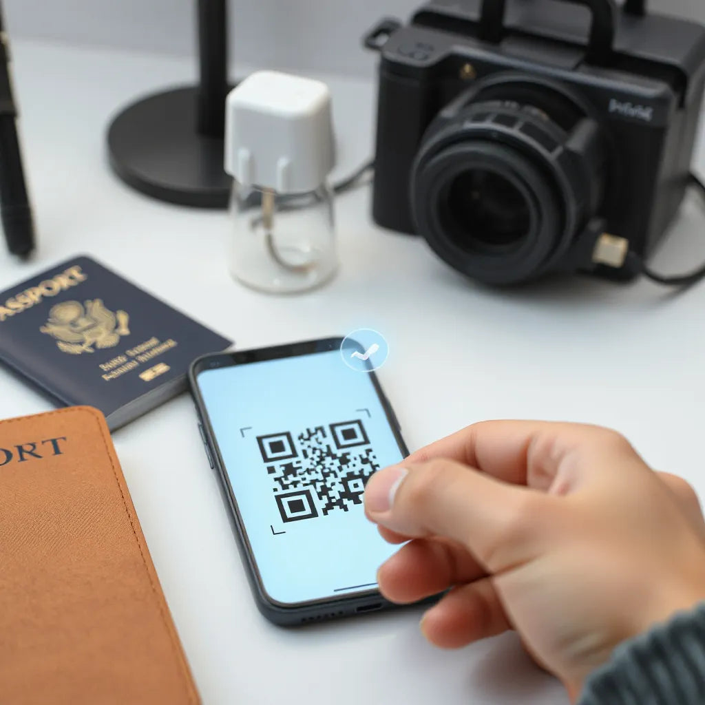 Smartphone showing a QR scan interface while a hand prepares to activate an eSIM for mobile connectivity