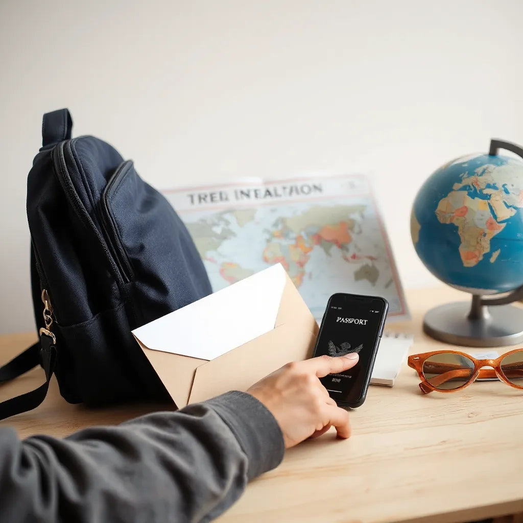Traveler planning an upcoming trip with passport, smartphone, and a world map on a desk