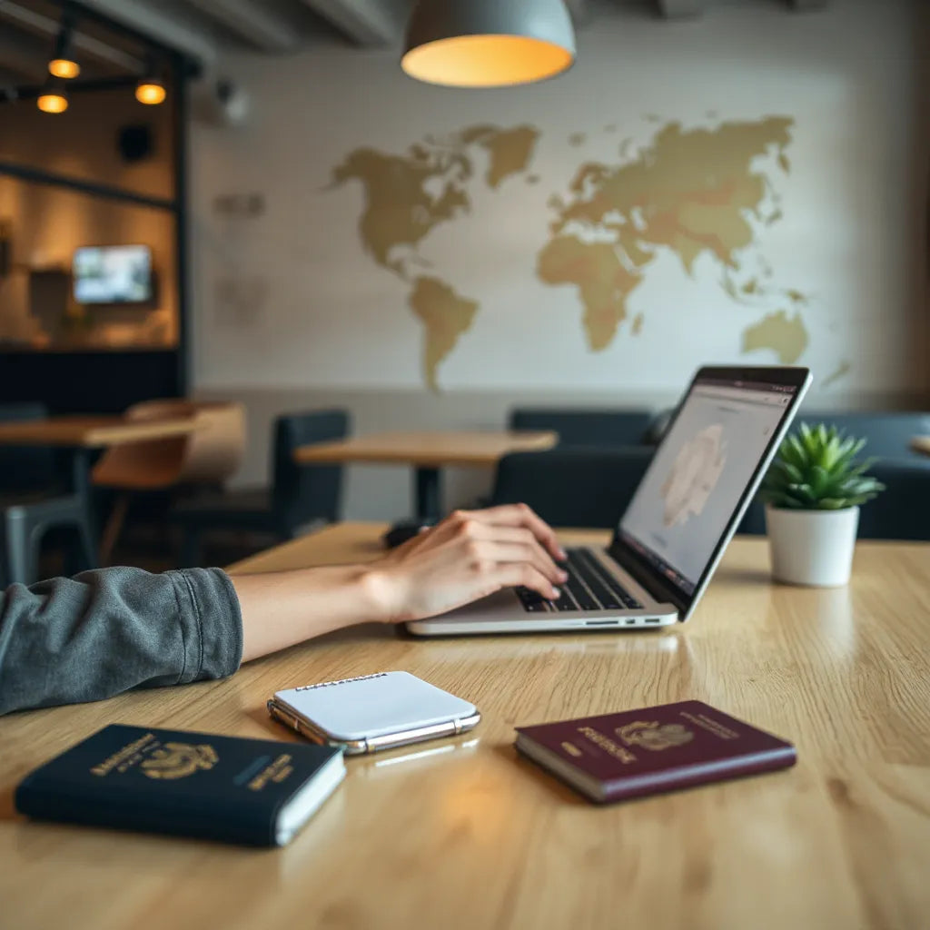 Digital nomad working on a laptop in a café with a smartphone showing active mobile connection