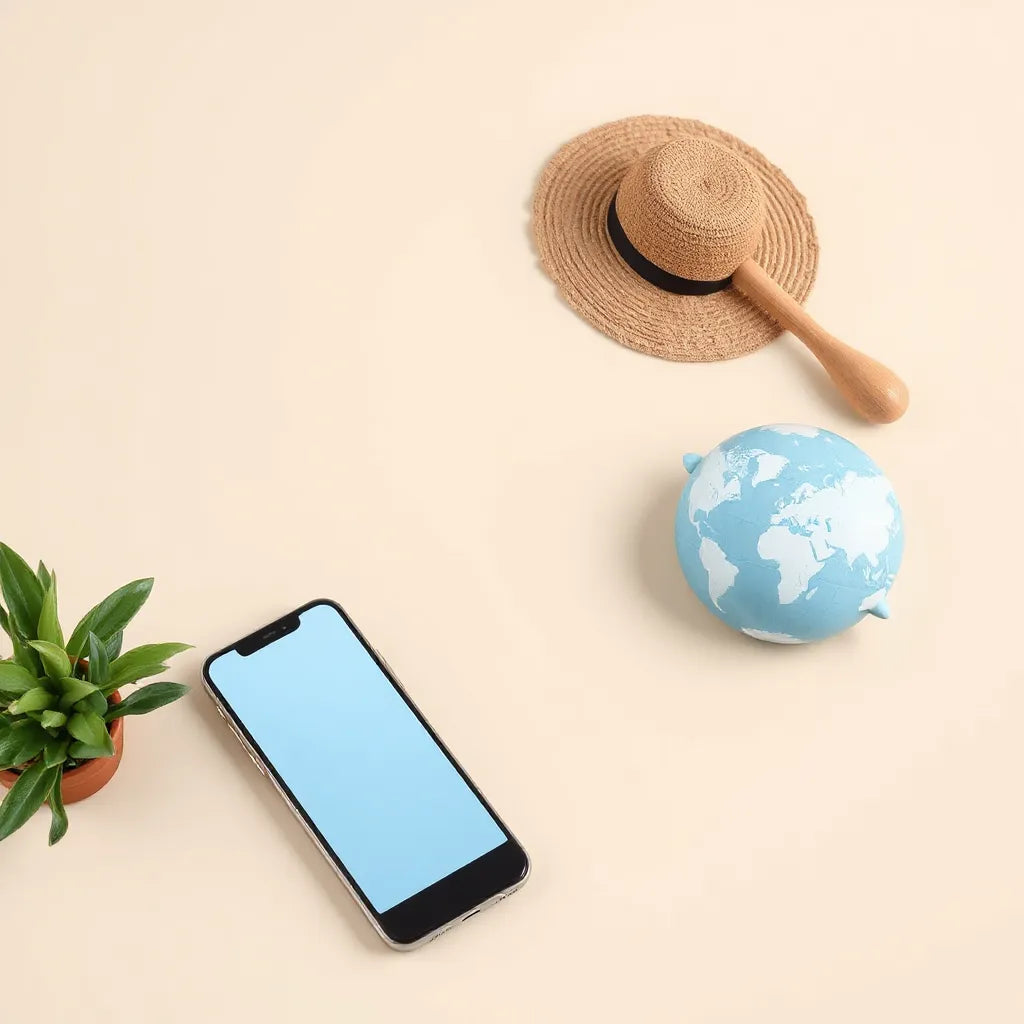 Smartphone with a simplified world map and highlighted regions next to a suitcase for international data planning