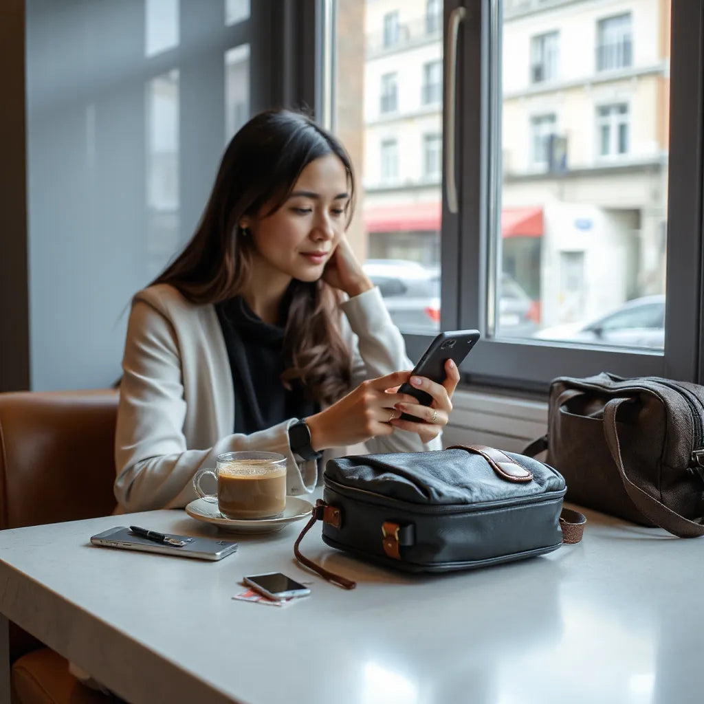 Person using a smartphone with travel essentials on a table near a window