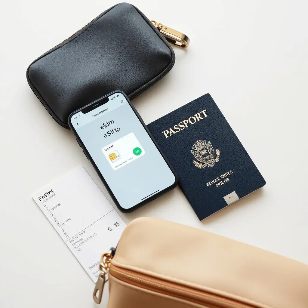 Smartphone, passport, and travel essentials on a desk for setting up an eSIM while traveling