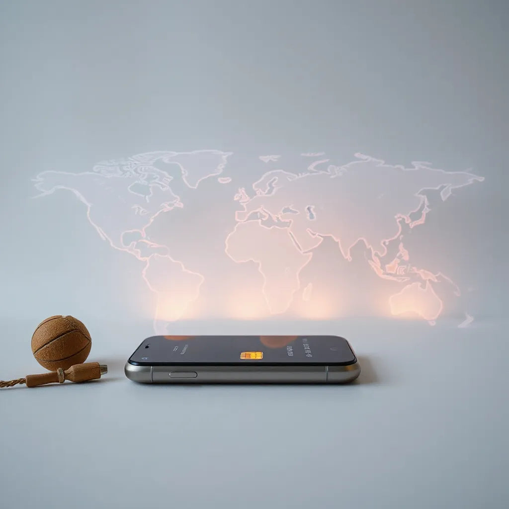 Smartphone displaying a secure eSIM connection glow over a subtle world map background