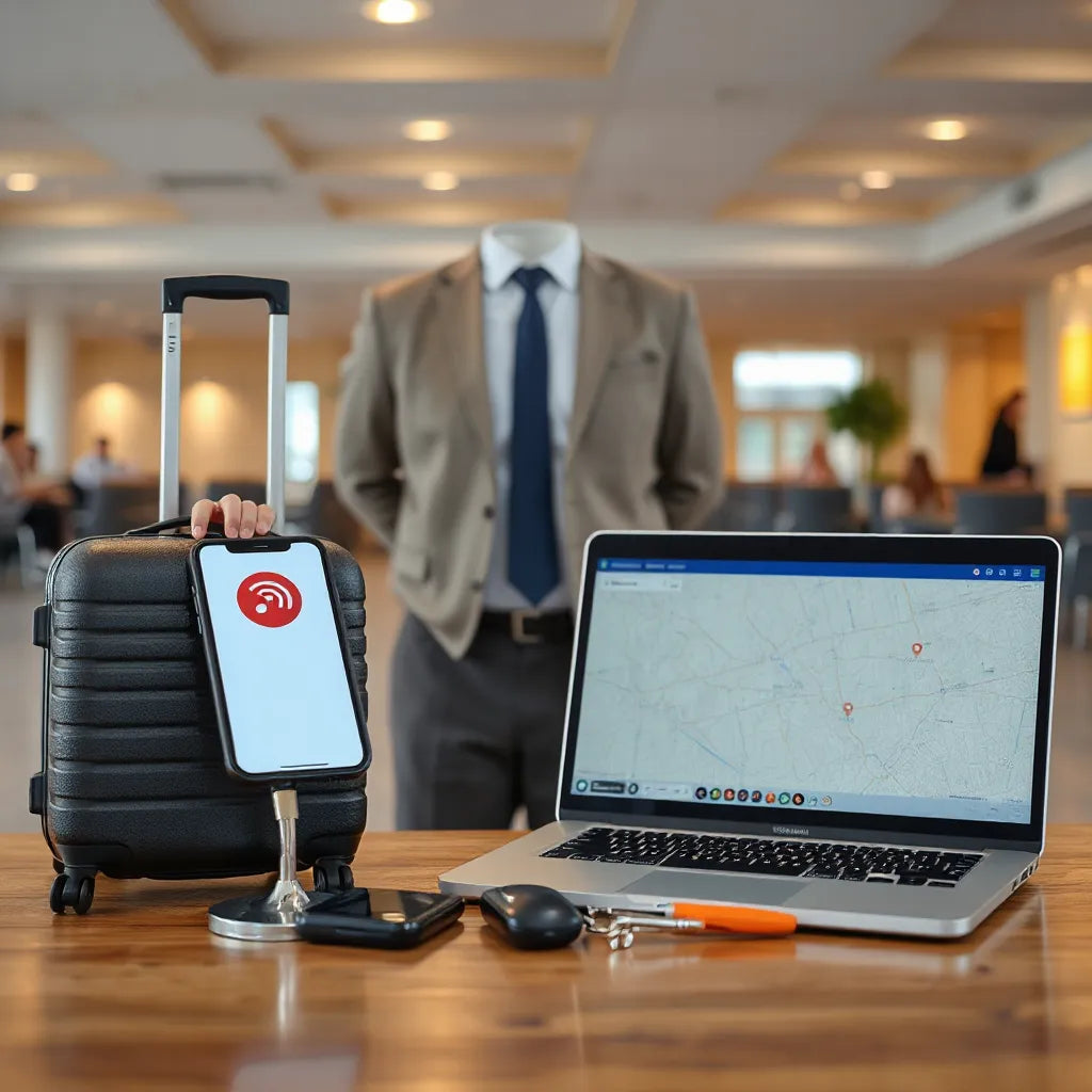 Business traveler using a smartphone and laptop in an airport lounge with a carry-on suitcase nearby