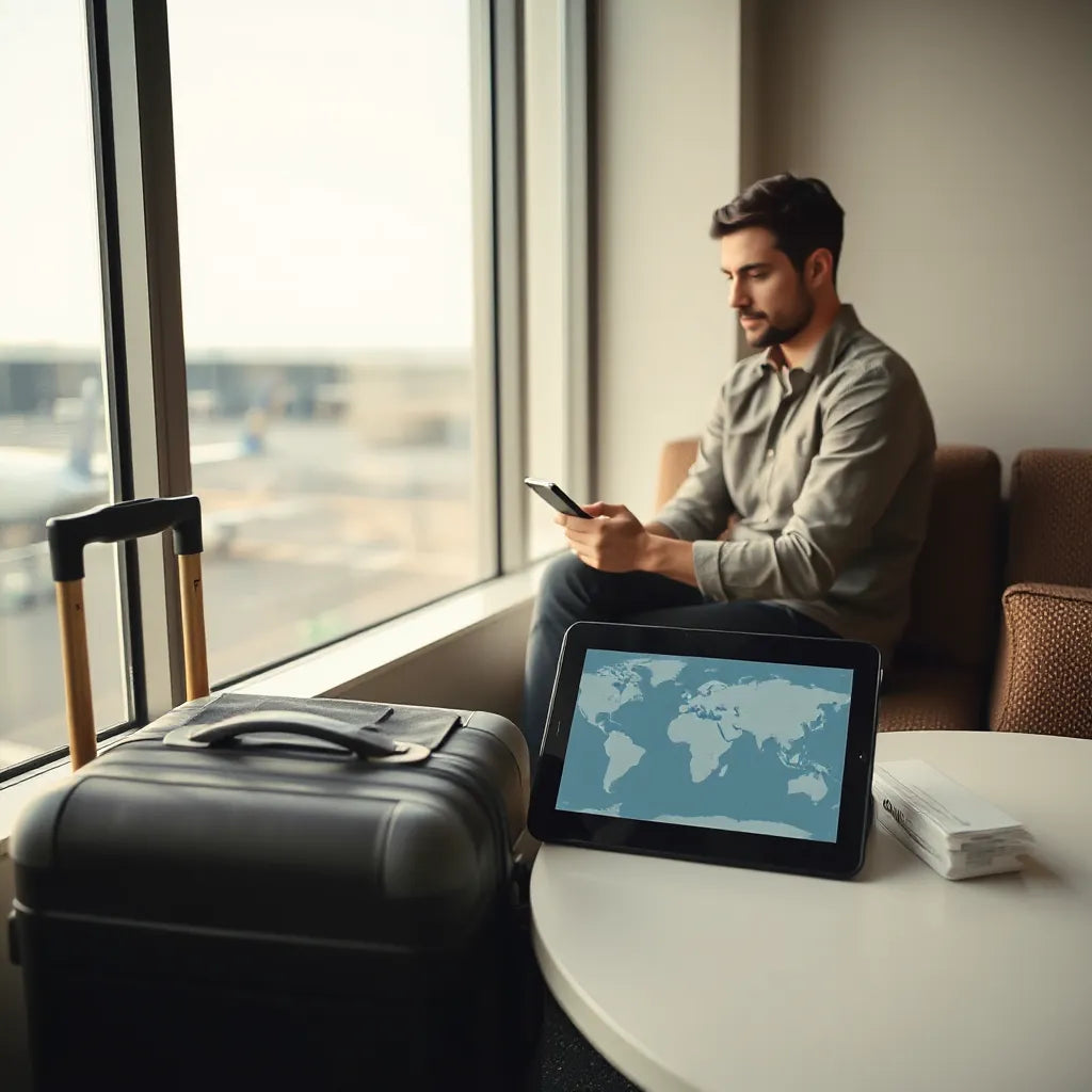 Traveler using a smartphone in an airport lounge with a suitcase nearby