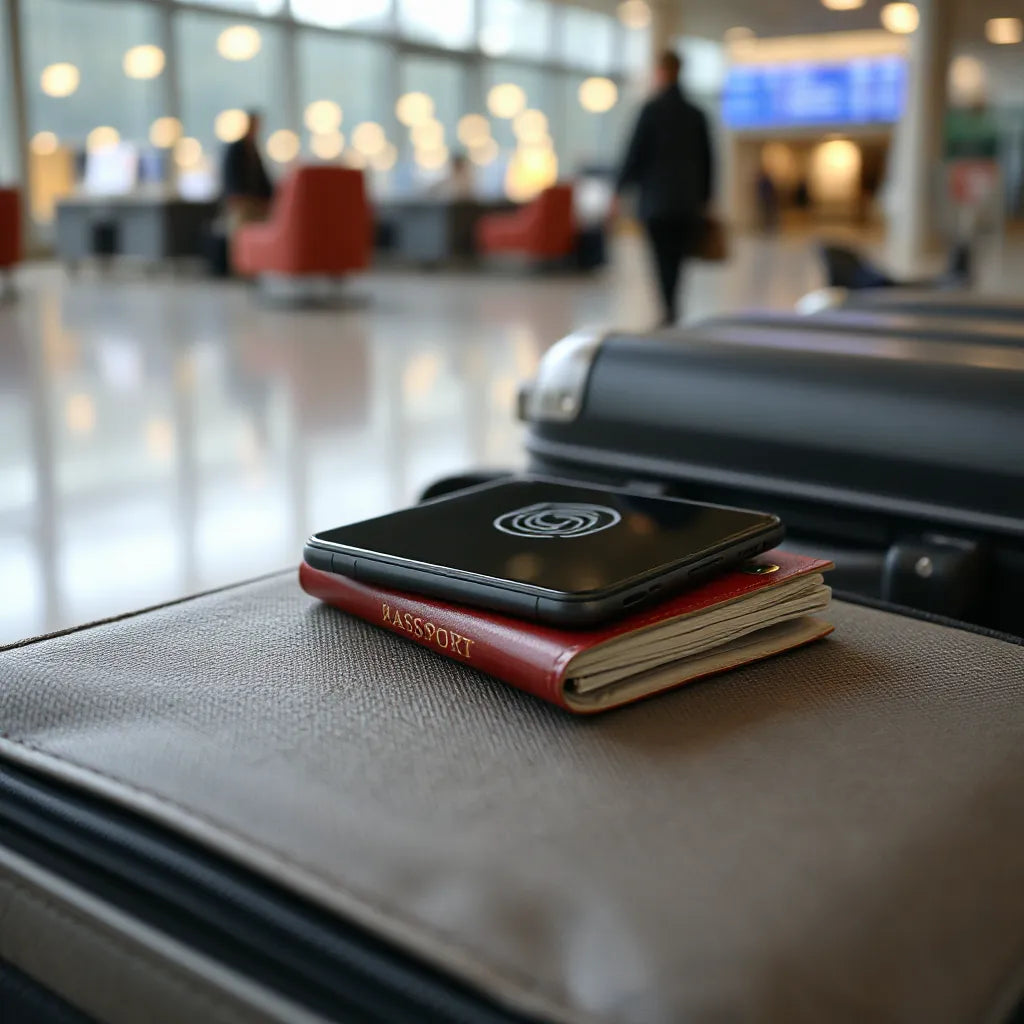 Smartphone on travel documents with a subtle connectivity visual, ready for using an eSIM while traveling
