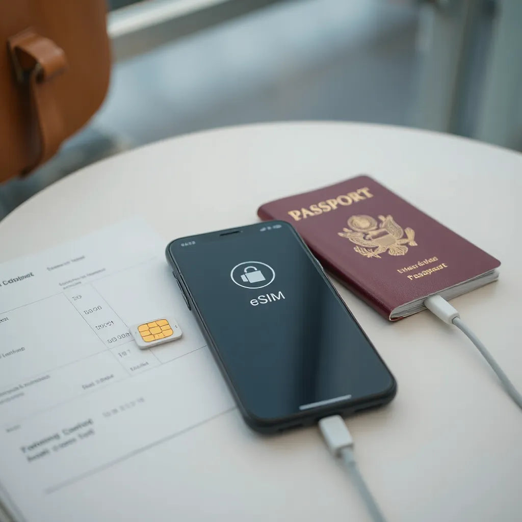 Smartphone connected to mobile data with a subtle eSIM chip concept on a travel desk