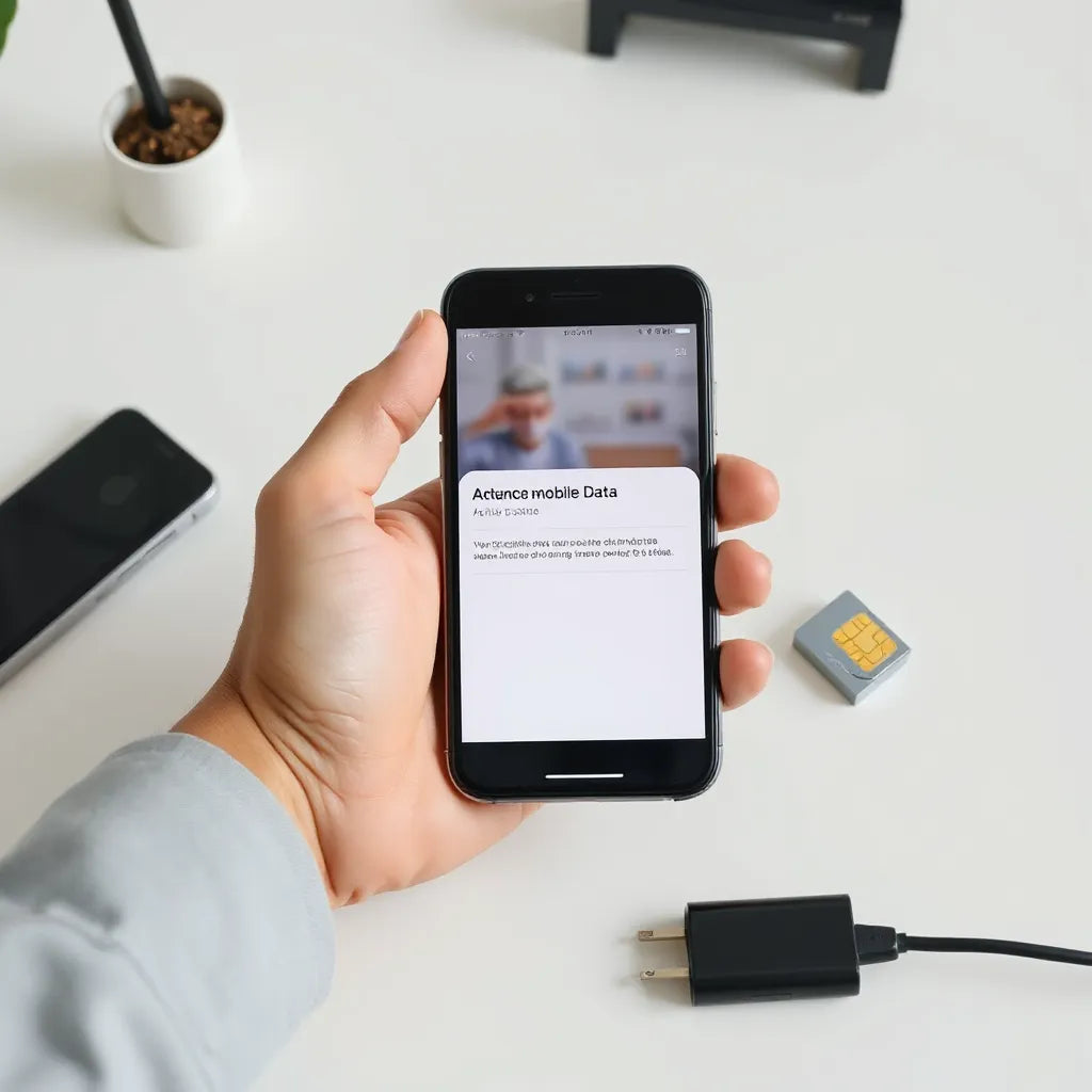 Hand holding a smartphone during quick mobile data activation with a connectivity card and charger nearby