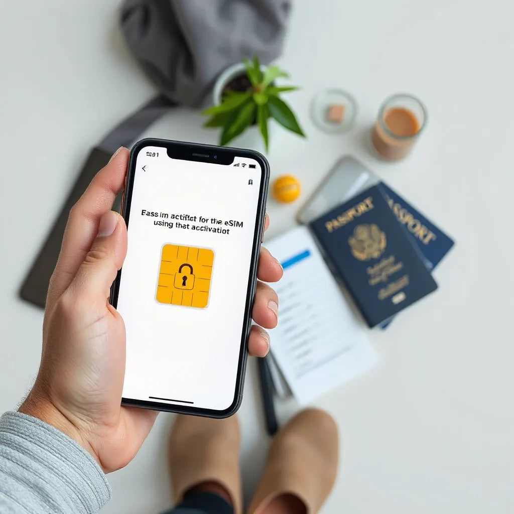Traveler’s smartphone with secure eSIM activation and travel documents on a clean desk