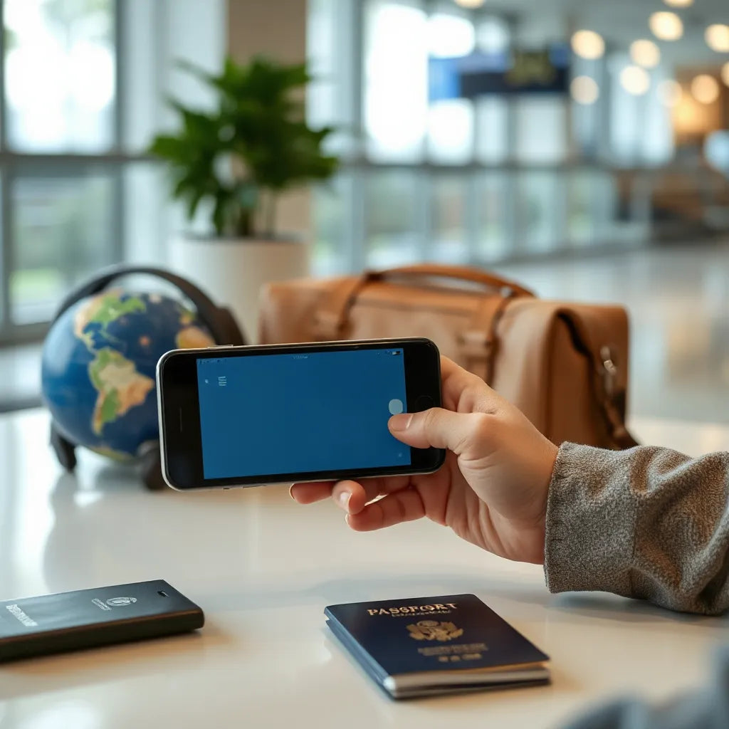 Traveler holding a smartphone with a blank connectivity screen beside luggage and passport in an airport