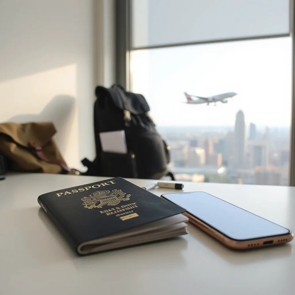 Passport and smartphone on a desk by a window with an airport plane in the distance