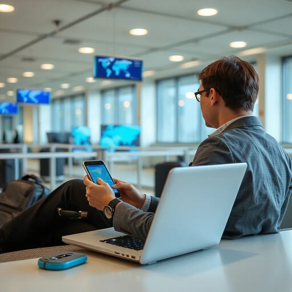 Traveler using a smartphone and laptop while planning global connectivity in an airport lounge