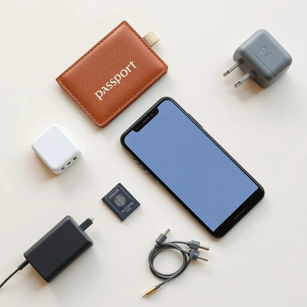 Smartphone, passport, and minimalist travel essentials arranged neatly for eSIM setup