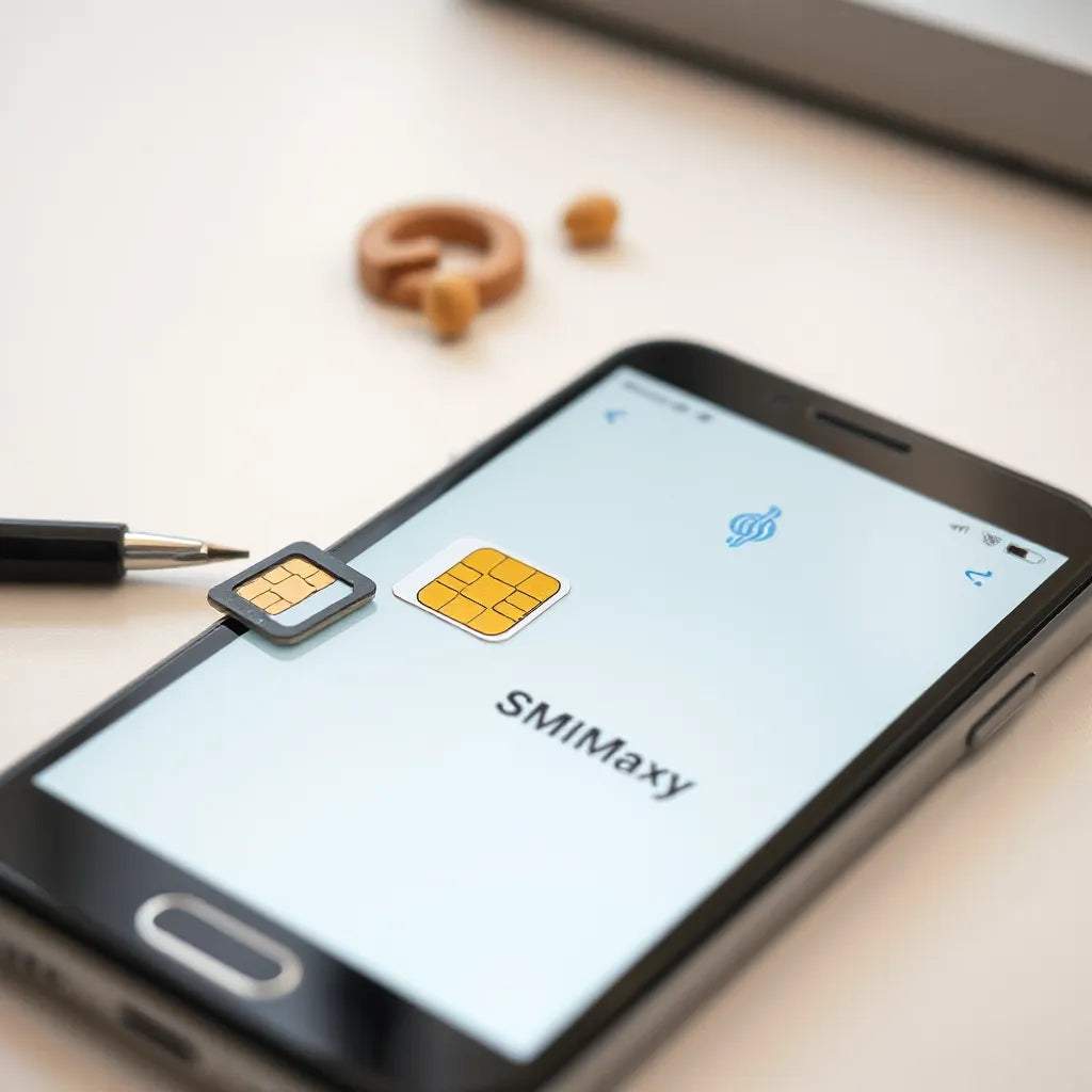 Smartphone with SIM status and network bars, with a SIM card placed next to it