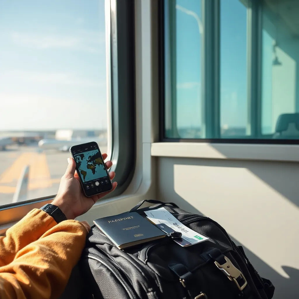 Traveler at an airport with a smartphone and passport, ready for international journeys