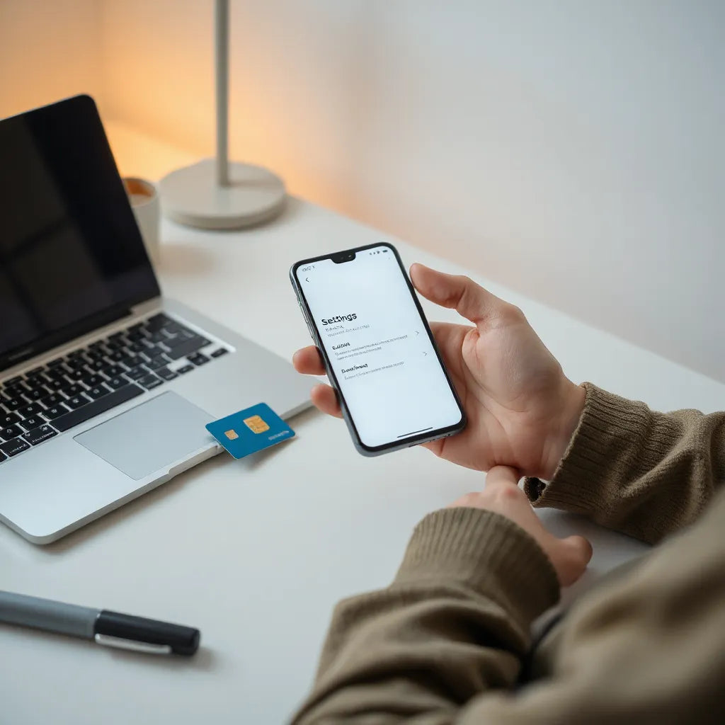 Person configuring eSIM settings on a smartphone beside connectivity accessories at a desk